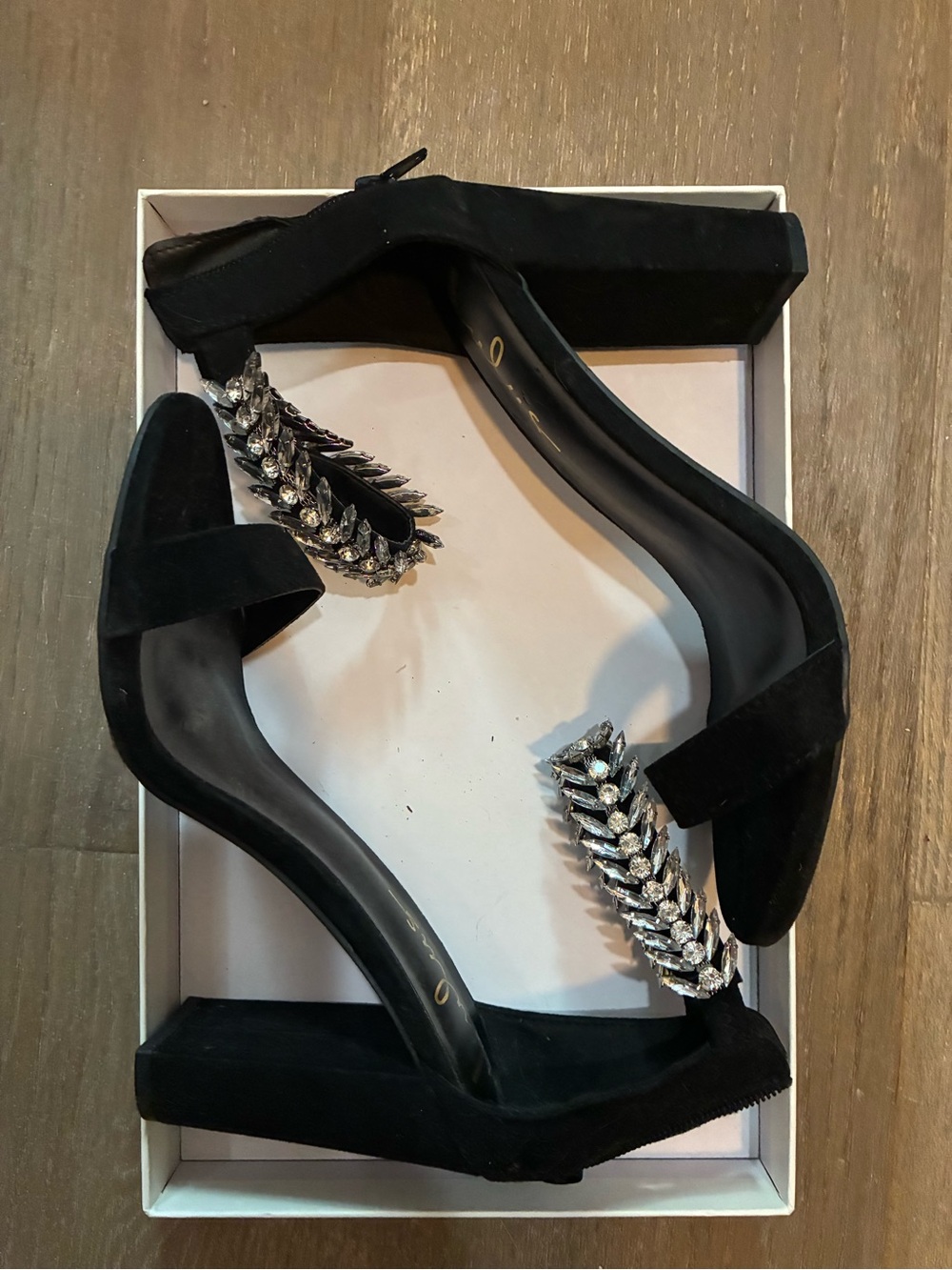 Lulu's Black Suede D'Orsay Block Heel with Crystal Leaf Accent